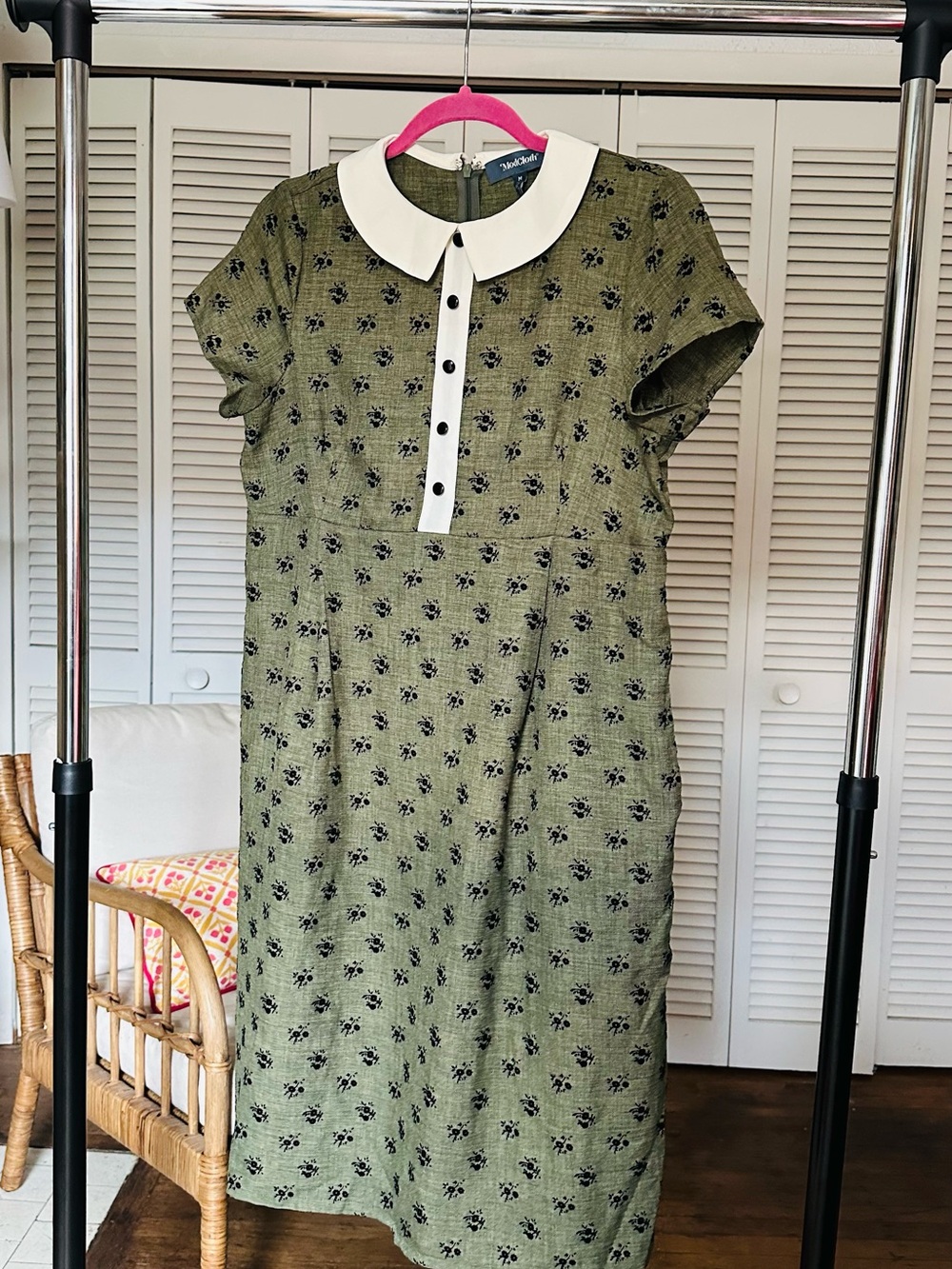 Modcloth Olive Green Floral Dress with White Peter Pan Collar